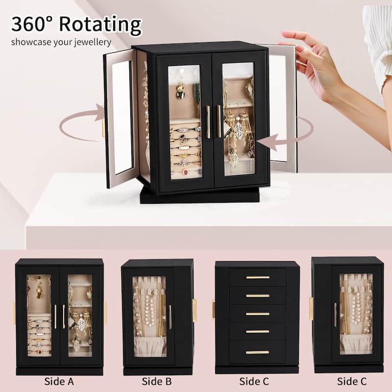 360° Rotating Jewelry Box with 5 Drawers - Black Cabinet & Pink Velvet Interior - Multi