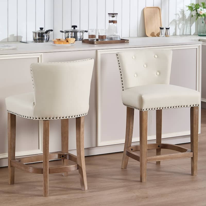 Set of 2 Cow Print Leather Bar Stools with Back, Fixed Height Wooden Frame, Beige