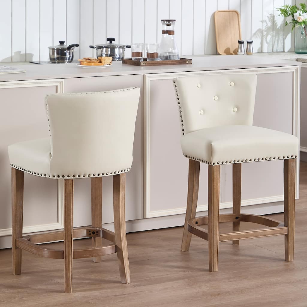 Set of 2 Cow Print Leather Bar Stools with Back, Fixed Height Wooden Frame, Beige
