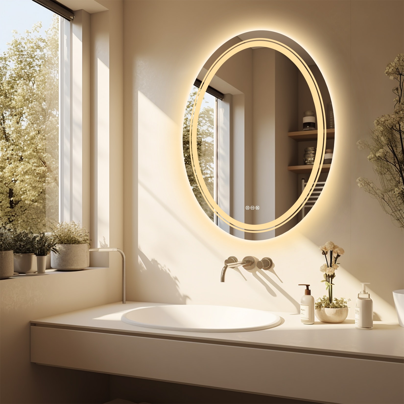 Oval Frameless Dual LED Wall Bathroom Vanity Mirror Dimmable Anti-Fog