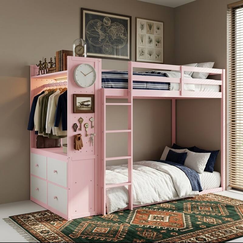 Twin Bunk Bed with Storage, Shelves, and LED Light Strip by Harper&Bright Designs