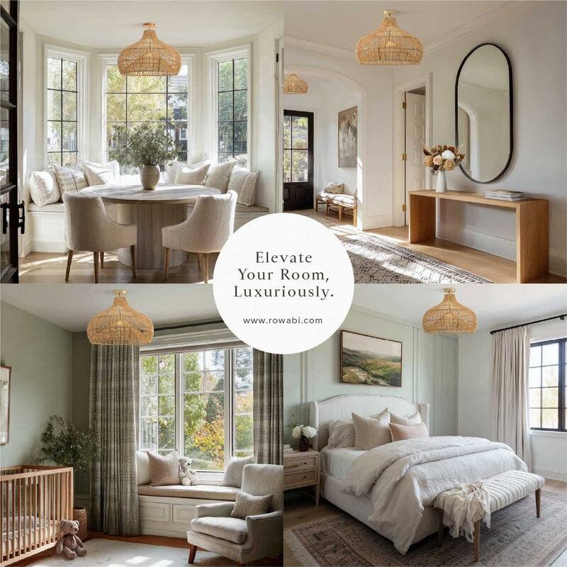 Oceania Rattan Flush Mount Rattan Natural Cone Handwoven Dimmable Ceiling Light for Bedroom or Hallway in Farmhouse, Boho Style