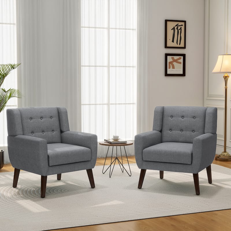 Set of 2 Modern Accent Chair Cotton Linen Upholstered Armchair for Living Room - Tufted - Grey