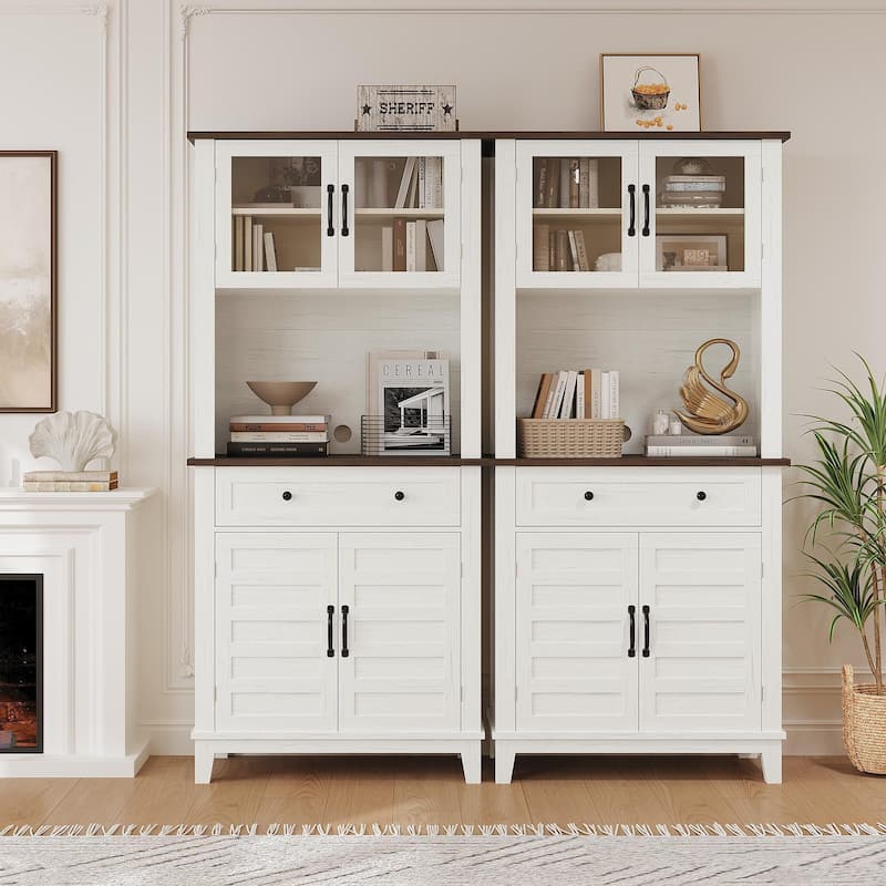 Kitchen Pantry, 72" Farmhouse Coffee Bar Table with Storage Drawers & Glass Doors