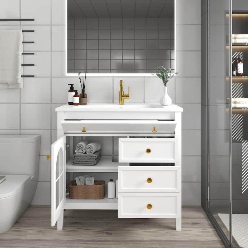 35.6" Mid-Century Bathroom Vanity Sink with Patterned Glass & Motion-sensor Light Strip, Freestanding