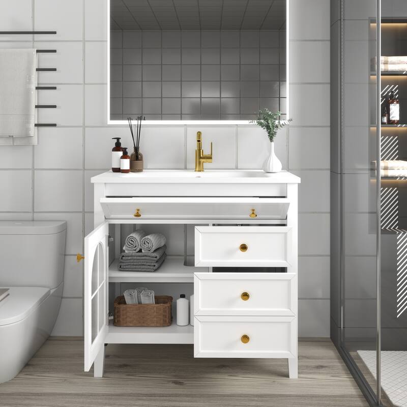 Freestanding 36" Bathroom Vanity Sink Cabinet with Motion-sensor Light Strip, Patterned Glass & Drawers