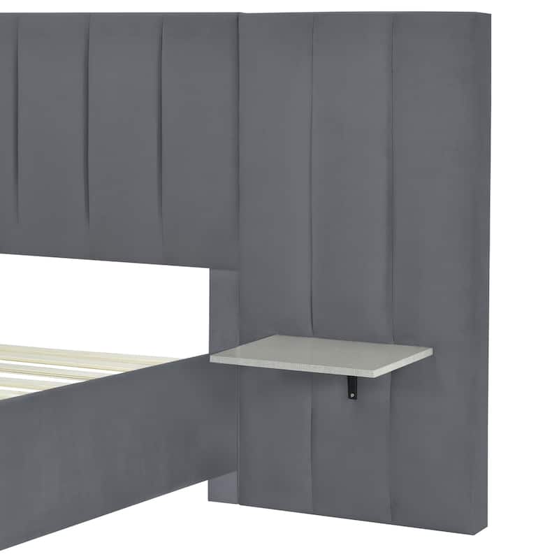HomeRoots Dark Gray Tufted Velvet Upholstered Lighted Full Bed Frame