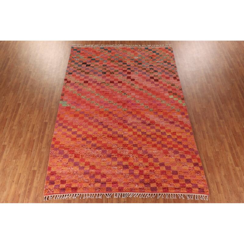 Coral Checkered Moroccan Area Rug Hand-Knotted Wool Carpet - 8'11" x 12'7"