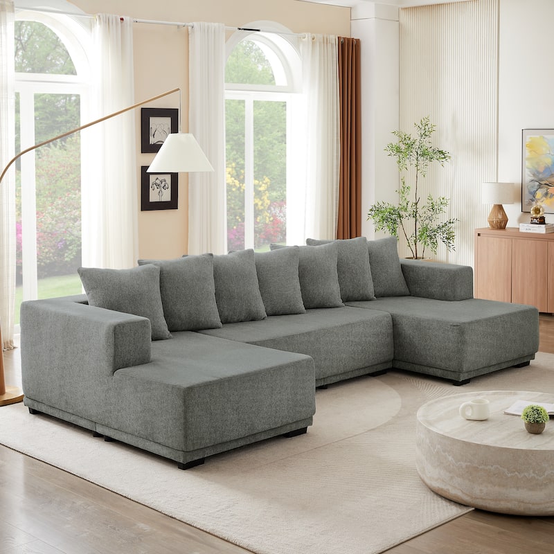 Grey Chenille U-Shaped Sectional Sofa, 128x61x35 inches, 227 lbs