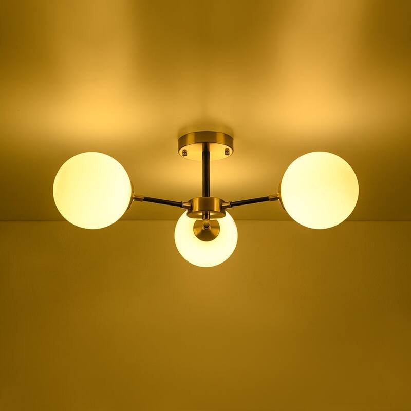 3-Light Brass Black Frosted White Glass Sputnik Semi Flush Mount - 26 Inches