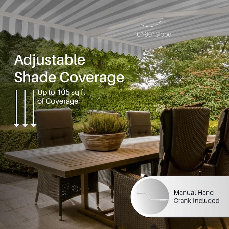 ALEKO Caribbean Manual Retractable Patio Awning - White Frame - Seagull Gray & White Striped - 12 x 10 Feet