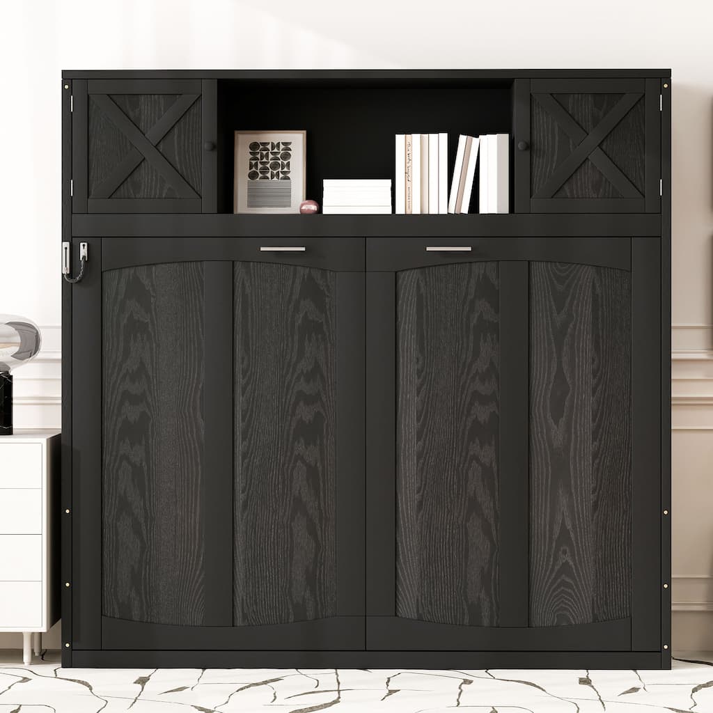 Full Size Murphy Bed Cabinet with Top Cabinet and Open Shelves, Wooden Foldable Wall Platform Bed, Hidden Murphy Bedframe Chest