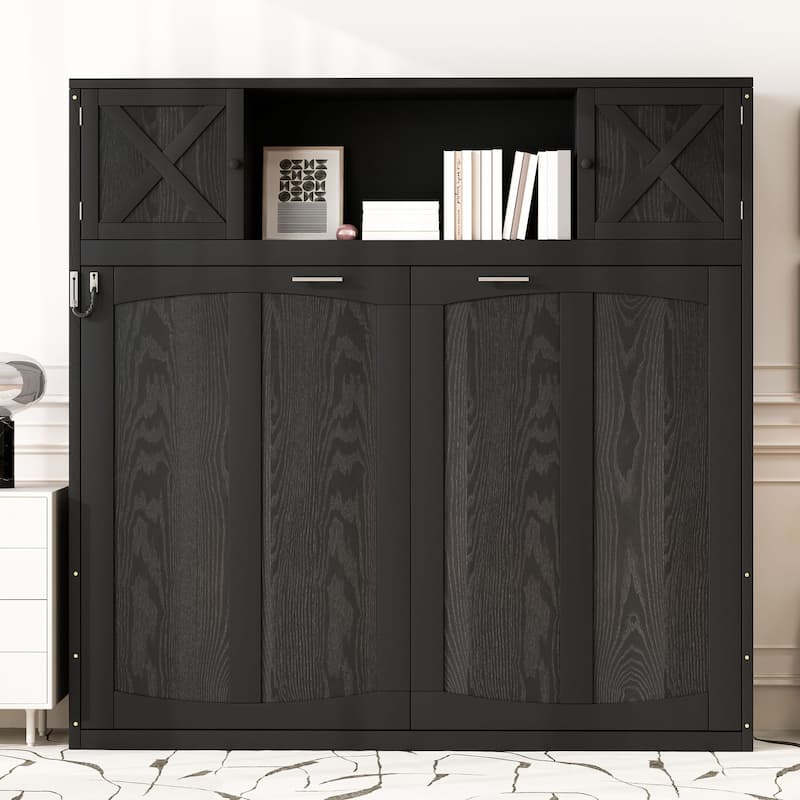Full-Size Wall Bed Featuring Built-In Storage Cabinets, Black Finish