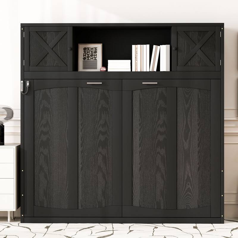 GDFStudio - Modern Wooden Queen Murphy Bed Cabinet with Storage Cabinets