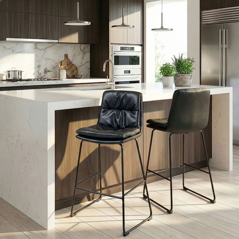 Set of 2 Bauer Black Faux Leather Counter Stool with Black Iron Legs