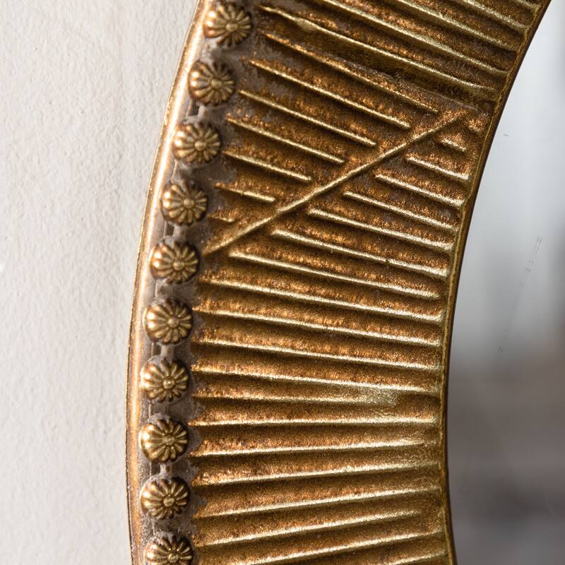 31.3" Gold Textured Round Wall Mirror - Iron Frame & MDF Back Decorative Mirror, Boho Accent Mirror - Natural Wood