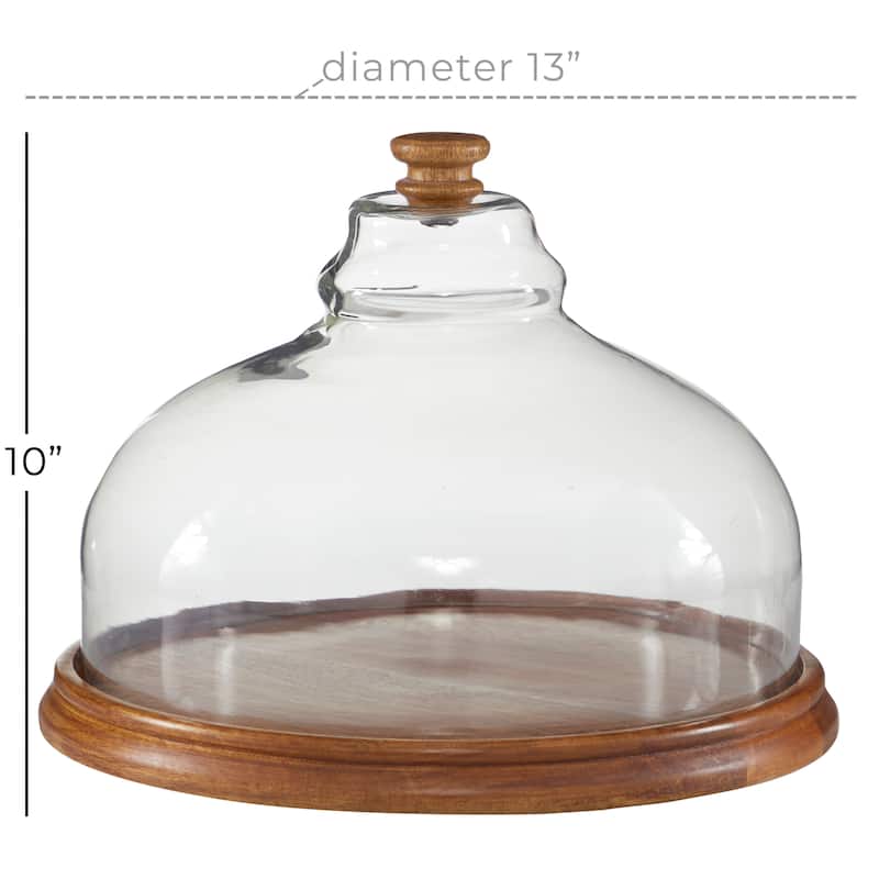 Wood Cake Stand with Glass Lid - Brown - Roche River Decor - 13"W x 13"L x 10"H
