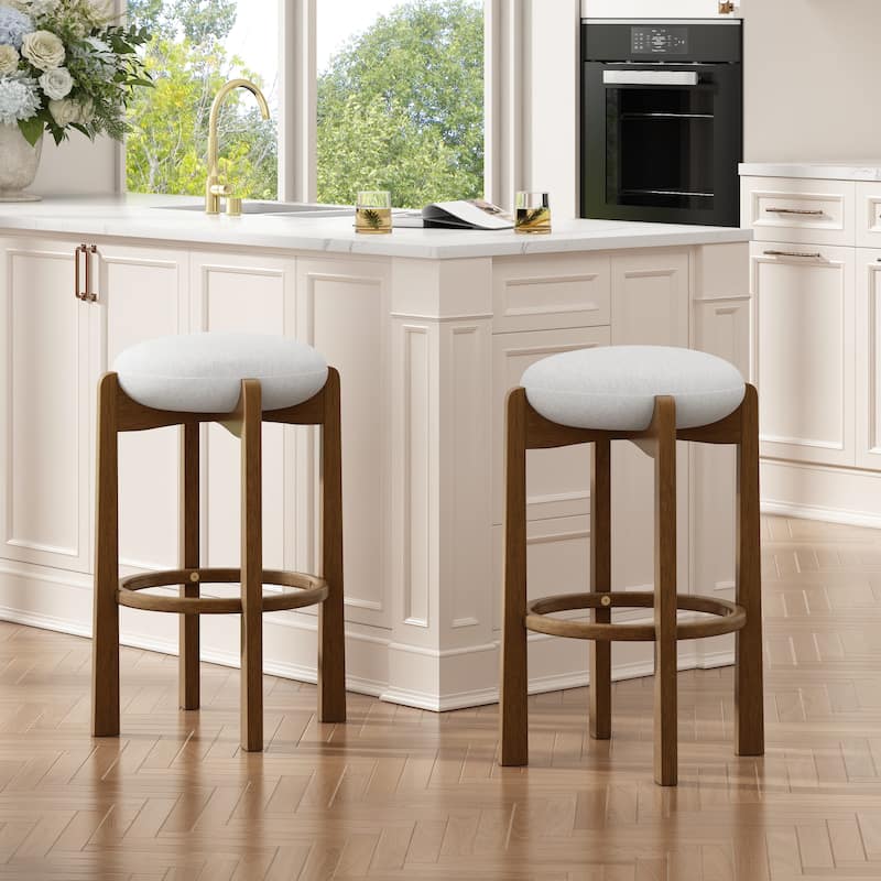 Christopher Knight Home - Tara Rubberwood Upholstered Barstools in Walnut and Ivory Fabric - Set of 2 - Dark Walnut+Ivory_Set of 2