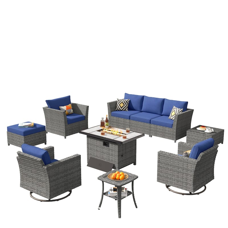 XIZZI 10-piece Outdoor Furniture Set Swivel Rocking Chair with Fire Pit