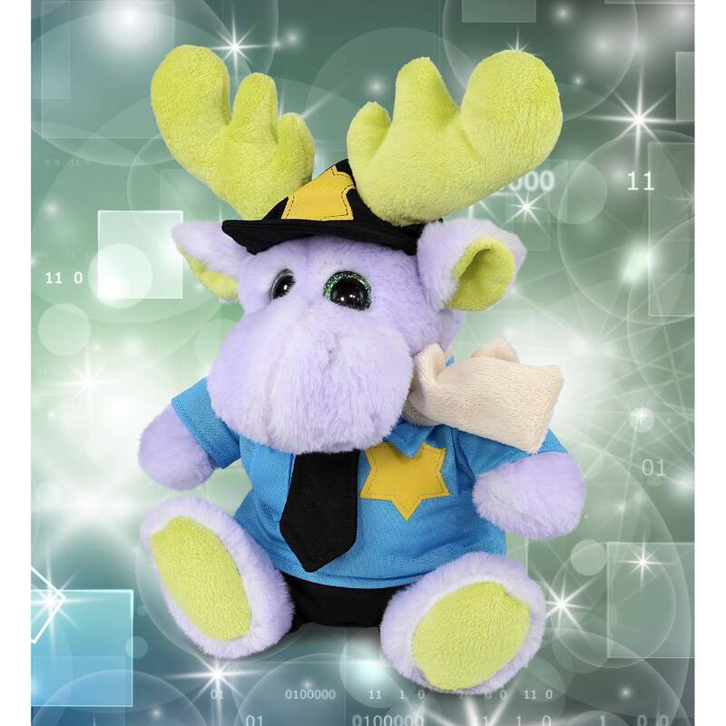 DolliBu Sitting Purple Moose Police Officer Plush Toy with Cop Uniform - 12 inches