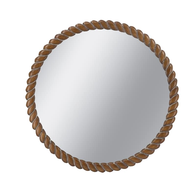 28.3x28.3" Round Wall Mirror with Pine Wood Frame, Brown