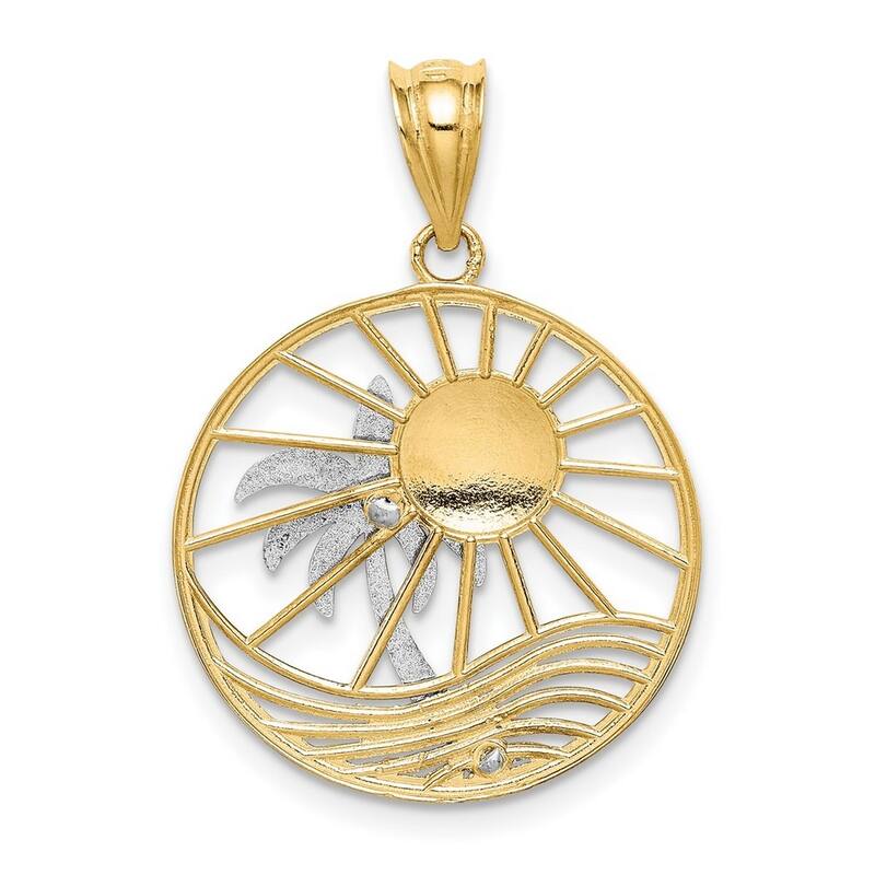 Curata 14k Two Tone Gold 18" Sun and Palm Tree Pendant Necklace - 20x22mm