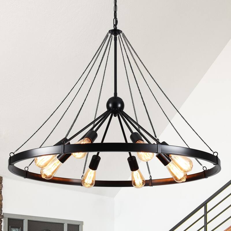 8-Light Sputnik Sphere Chandelier, Farmhouse Wagon Wheel Chandelier for Dining Living Room - 35.43'' D x 24.41'' H - Black