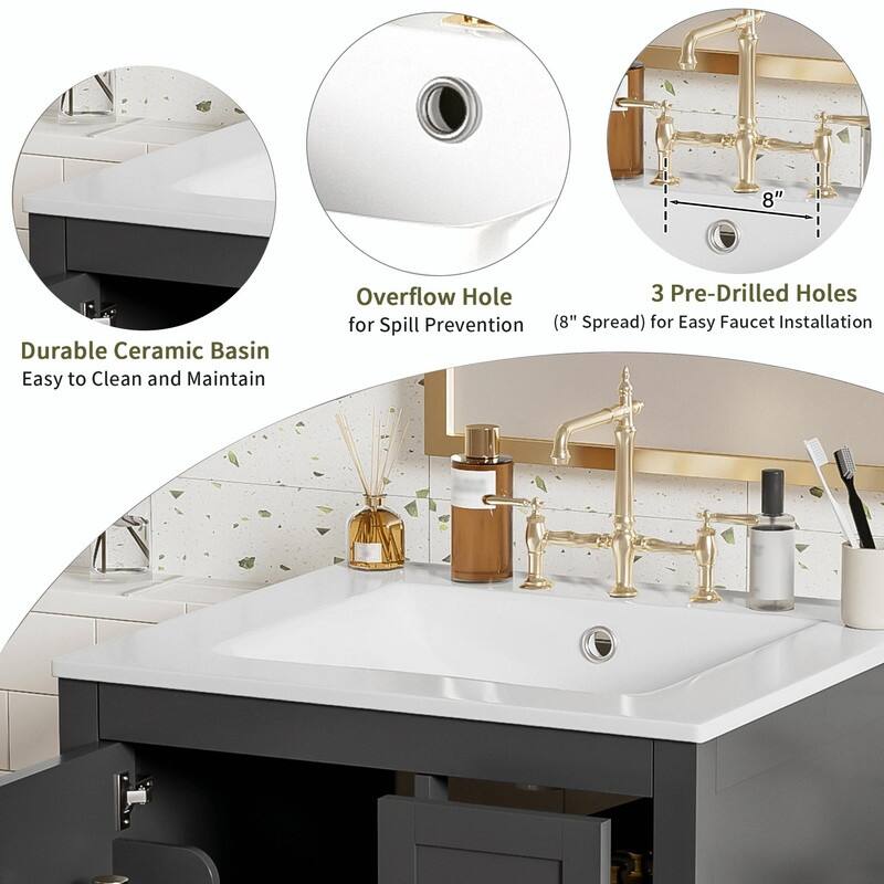 24" Modern Bathroom Vanity with Ceramic Sink, Soft-Close Door, Double-Layer Door Shelf & 3 Drawers
