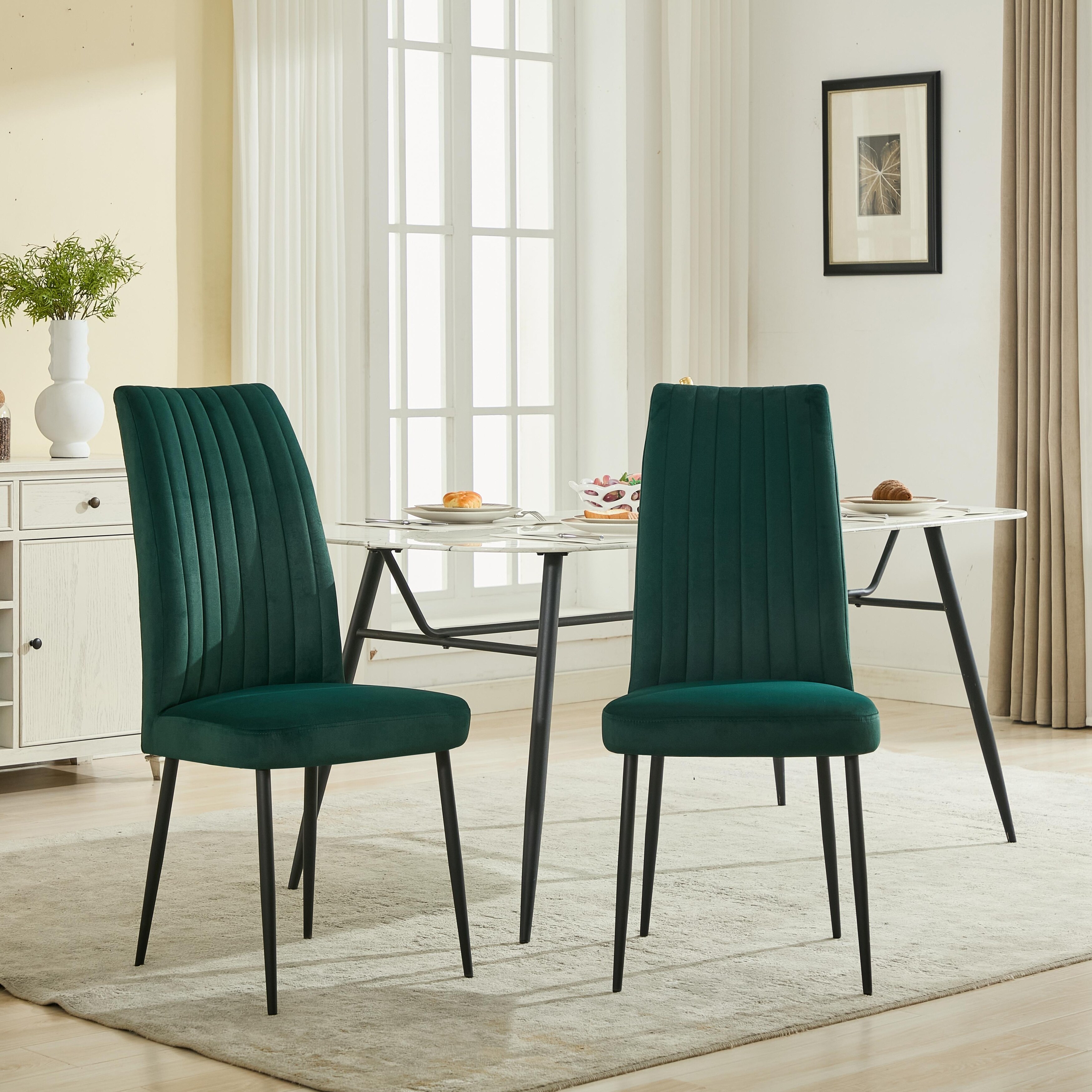 Velvet Dining Chair Set of 2, Dining Room Chairs with Iron Legs and Vertical Striped Backrest for Home Kitchen
