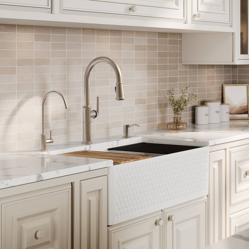 Karran 33" Single Bowl Workstation Fireclay Kitchen Sink with Reversible Diamond/Flat Apron Front