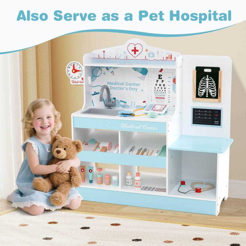 Honeyjoy Wooden Doctor Play Set with Clock Sink Eye Chart ECG Monitor - See Details