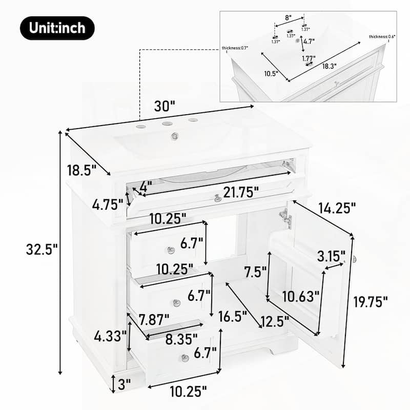30" Bathroom Vanity with Sink and One Tip-out Drawer