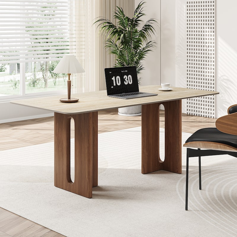 63" Modern Rectangular Dining Table for 4,Faux Marble top with Travertine Texture,Double Legs with Solid Woood Veneer