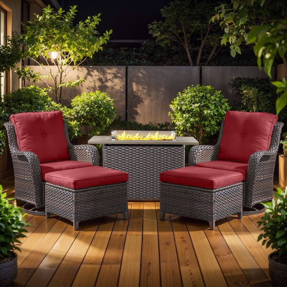 Gymojoy 5-Piece Outdoor Furniture Set, 2 Swivel Glider Chairs, 2 Ottomans & 55K BTU Fire Pit Table