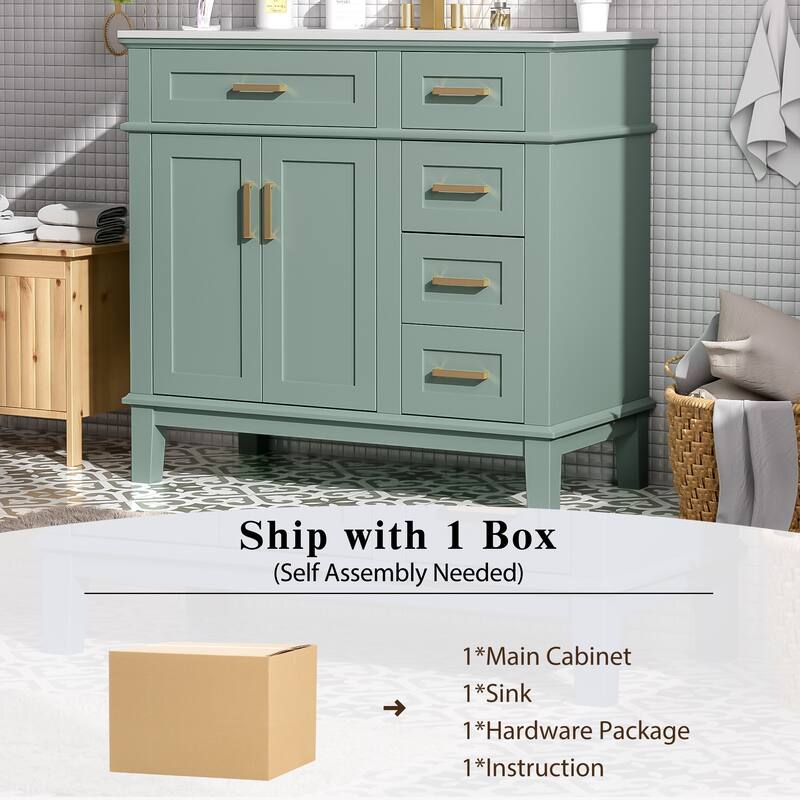 36" Bathroom Vanity Cabinet with Ceramic Sink, Soft-Close Door and 4 Storage Drawers