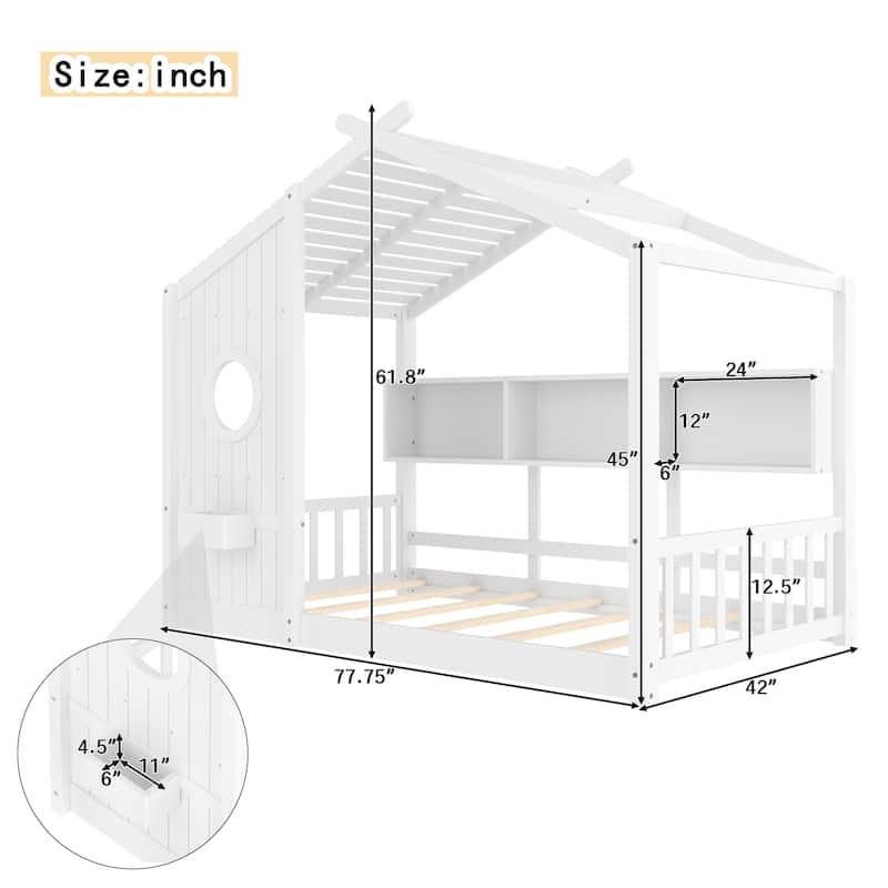 Floor House Bed with Roof & Storage Shelf by Harper&Bright Designs