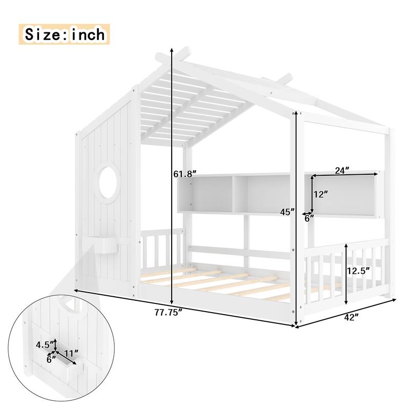 Twin Size Floor House Bed for Toddler, Kids Montessori Bed with Storage Shelf, Playhouse Bed with Roof Design