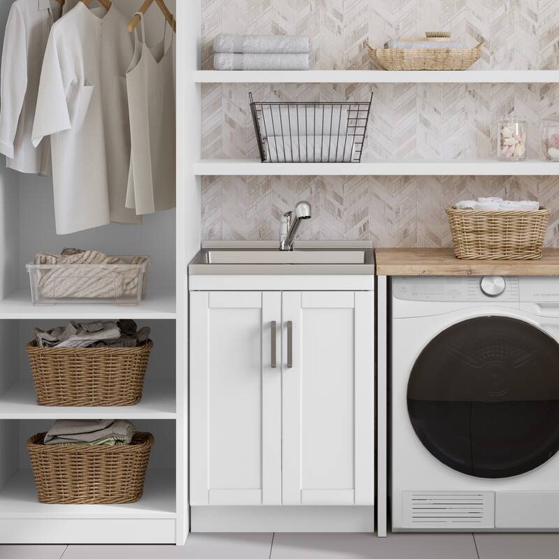 WYNDENHALL Lindor Transitional Laundry Cabinet with Faucet and Sink - 24" W 34" H x 19.7" D - White