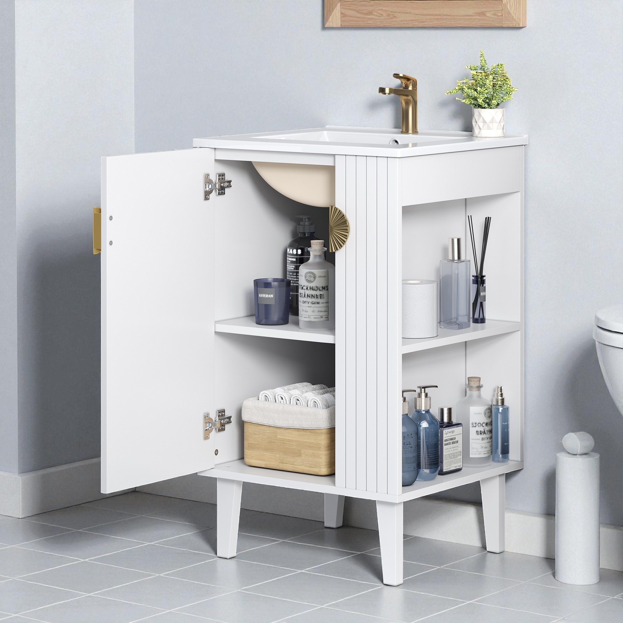20-Inch Freestanding Bathroom Vanity with Ceramic Sink, French Style MDF Cabinet with Soft-Close Door and Half-Moon Pulls