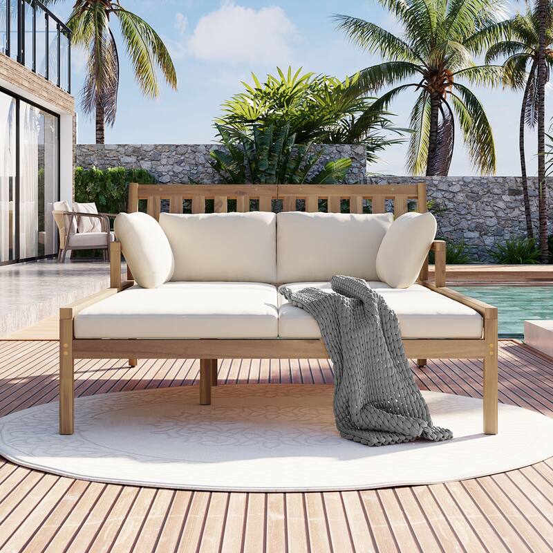 Outdoor Daybed with Four Pillows, Wooden Outdoor Bed with Curved Armrests for Poolside