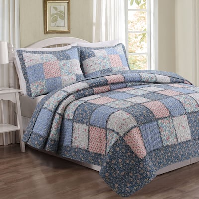 Cozy Line Aphrodite Patchwork Blue Floral 3 Piece Reversible Cotton Quilt Bedding Set