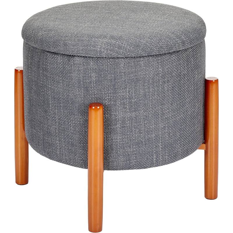 Modern Linen Ottoman with Pine Legs and Hidden Storage Flip Tray - Grey