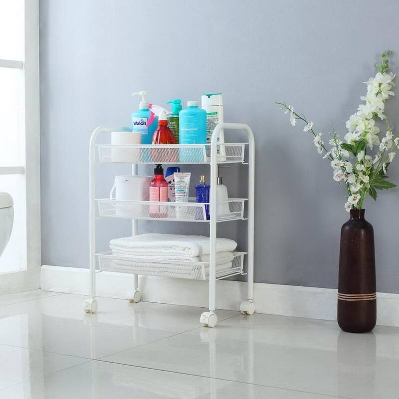 3/4/5 Tier Storage Trolley Rolling Island Kitchen Cart with Hooks - 3 Tier White