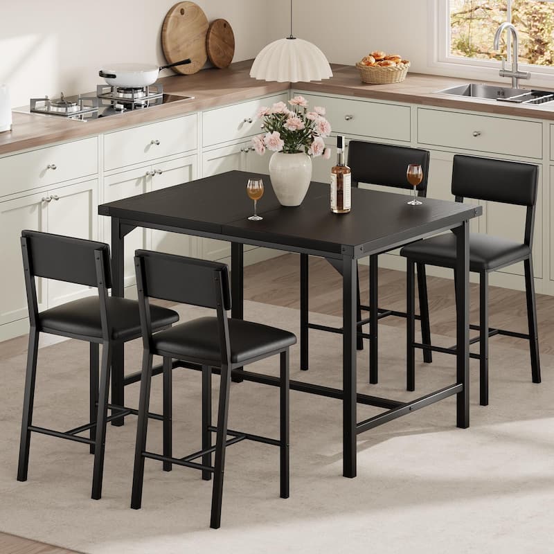 Dining Table Set for 4 w/Footrest & Corner Protector, 5-Piece Kitchen Table Set - Black