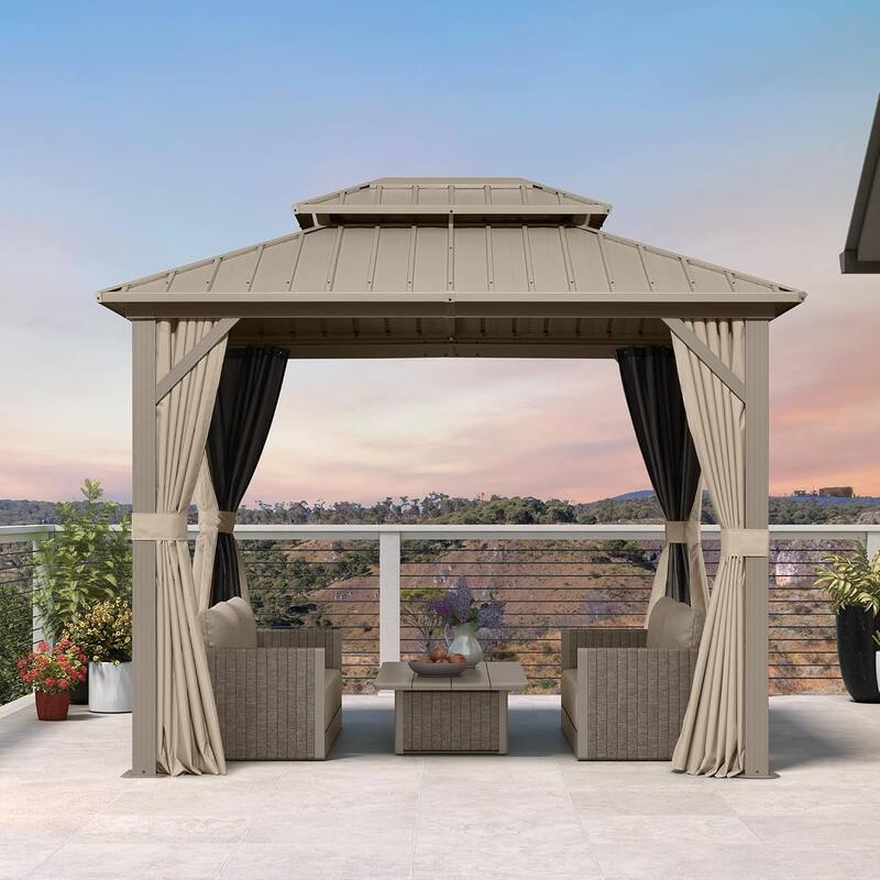 PURPLE LEAF Outdoor Hardtop Gazebo Champagne Metal Frame Galvanized Steel Double Roof with Curtains and Netting for Poolside - 08' x 10' - Gold