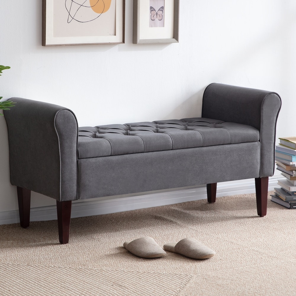 Arm Fabric Storage Ottoman Bench with Solid Wood Legs, 48"W x 18"D x 23"H