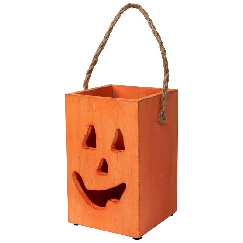 Large Orange Wood Jack O Lantern Halloween Candle Lantern - 8"