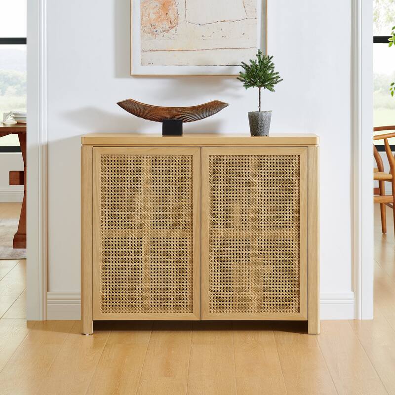 39.4" Mid Century Modern Rattan Storage Sideboard Cabinet with 2 Outlet Holes - Natural