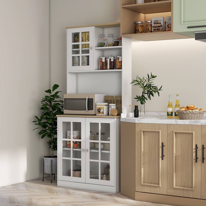 72" Freestanding Storage Cabinet with Hutch, Large Countertop, Glass Doors and Adjustable Shelves