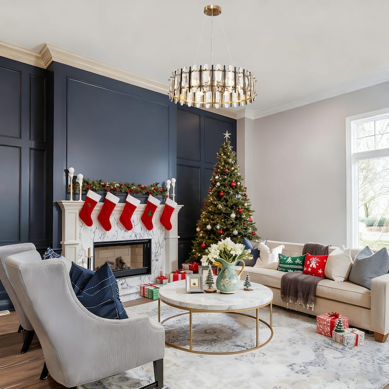 Modern 6-Light Drum Crystal Chandelier for Dining Living Room Bedroom - Dia. 24.8" x H 7.5"